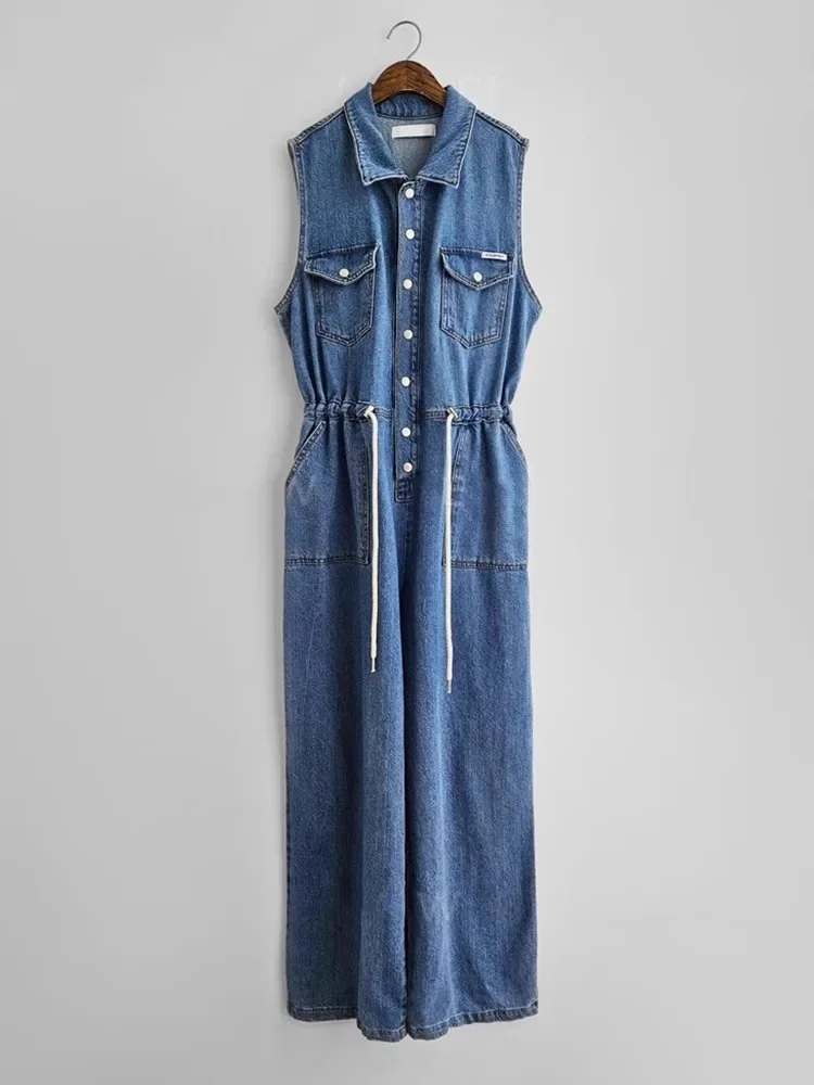 

Синий джинсовый комбинезон с жилетом, женский летний повседневный свободный комбинезон с воротником в стиле ретро и шнурком