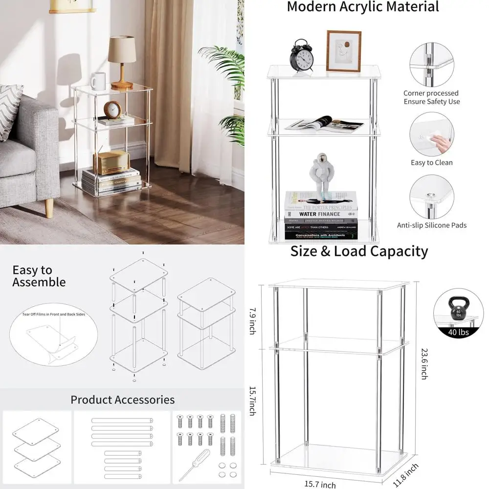 

3-Tier Clear Acrylic End Table, Living Room & Bedroom Side Table, Home Decor Accent Furniture, 15.7x11.8x23.6