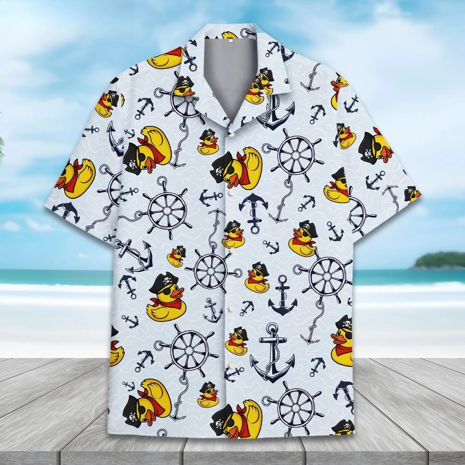 Men's Hawaii Skeleton Pirate Captain Storm Sailing Cartoon Print Shirts Short Sleeve Shirt Summer Beach Shirts for Boy Clothing