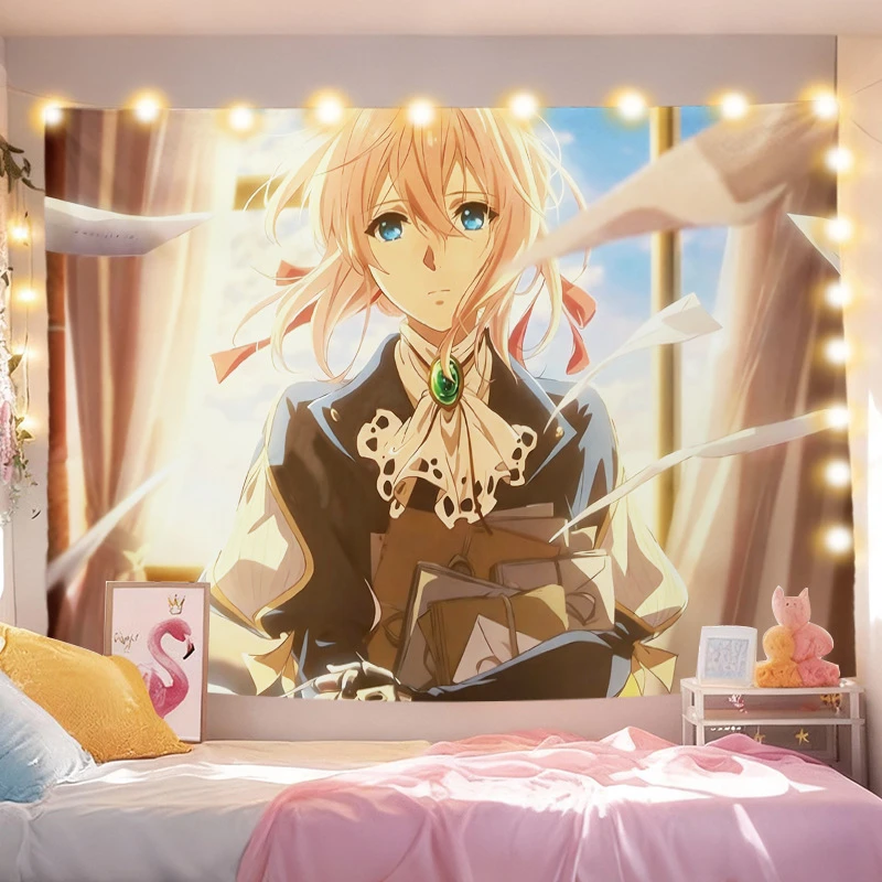 VIKAMA Violet Evergarden Kimono Style Wall Tapestry Anime Girl Japanese Floral Art Home Decor Soft Durable Cozy Aesthetic Gift
