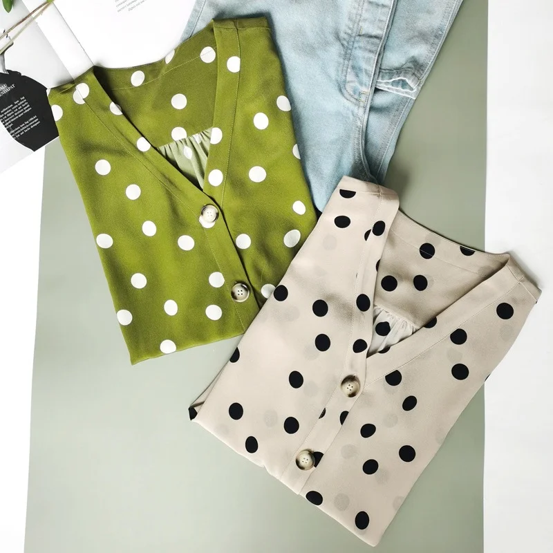 Birdtree, chemisier 100% soie de mûrier, hauts à col en v imprimés à pois pour femmes, manches lanternes, simple boutonnage, nouvelle chemise décontractée 2025 T5D407JF