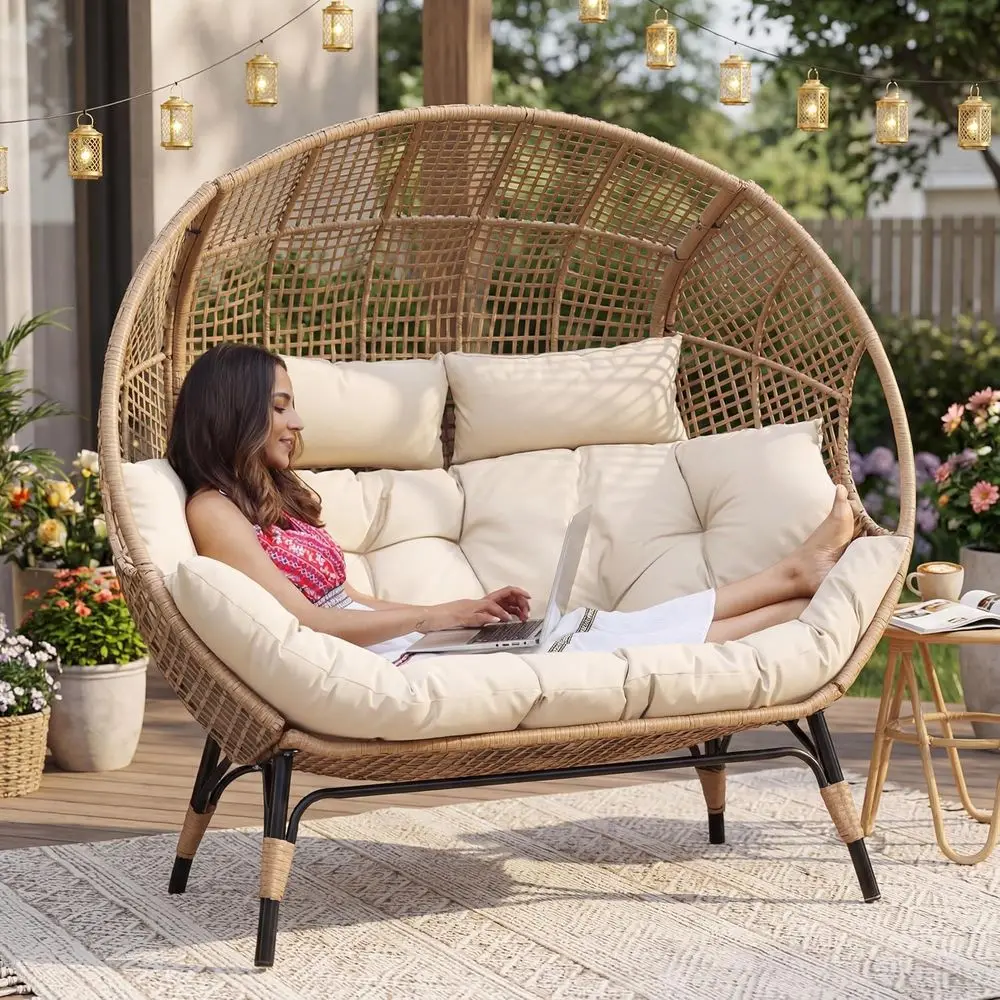 

Oversized 6.5 Cushioned 2-Person Outdoor Egg Wicker Loveseat, Large Lounge Chair for Patio, Balcony, Backyard - Beige