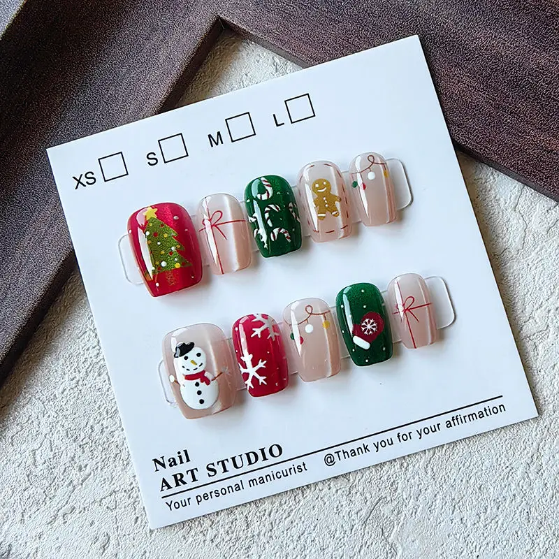 10 Pcs Christmas Half Handmade Press on Nails Sweet Girl Christmas Tree and Bear Snowflake Cute Snowman Detachable False Nails