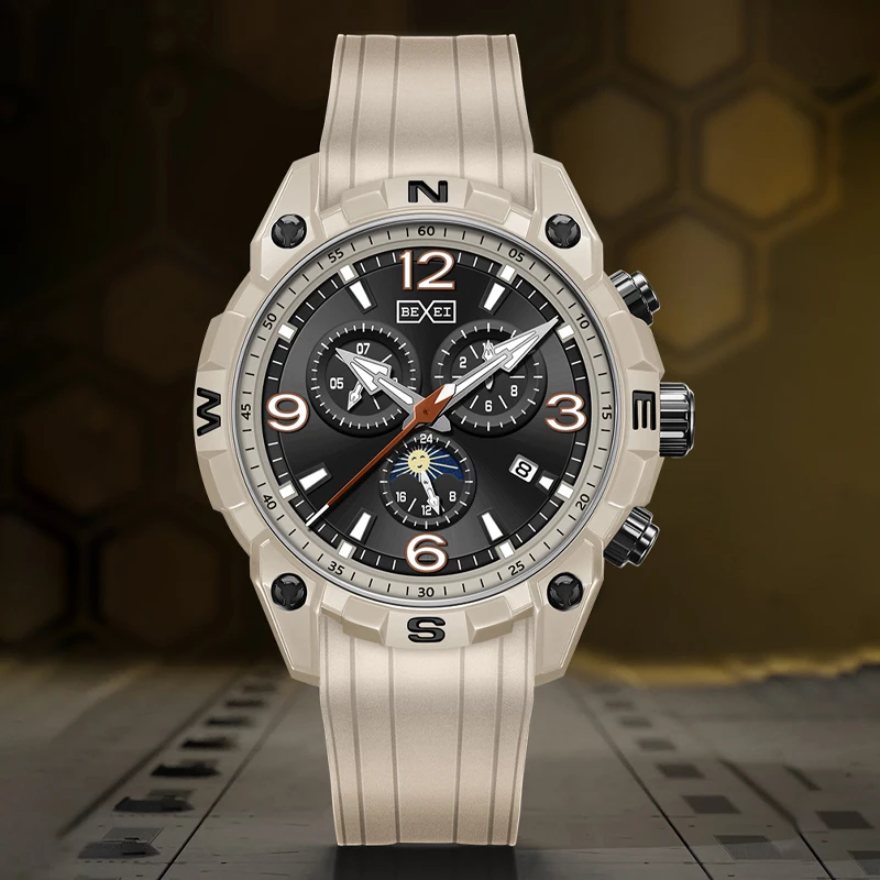 BEXEI 2025 أسود المحارب شهر يوم أسبوع التقويم 24H متعددة الوظائف الميكانيكية حركة أوتوماتيكية رجل ساعة الياقوت الكريستال
