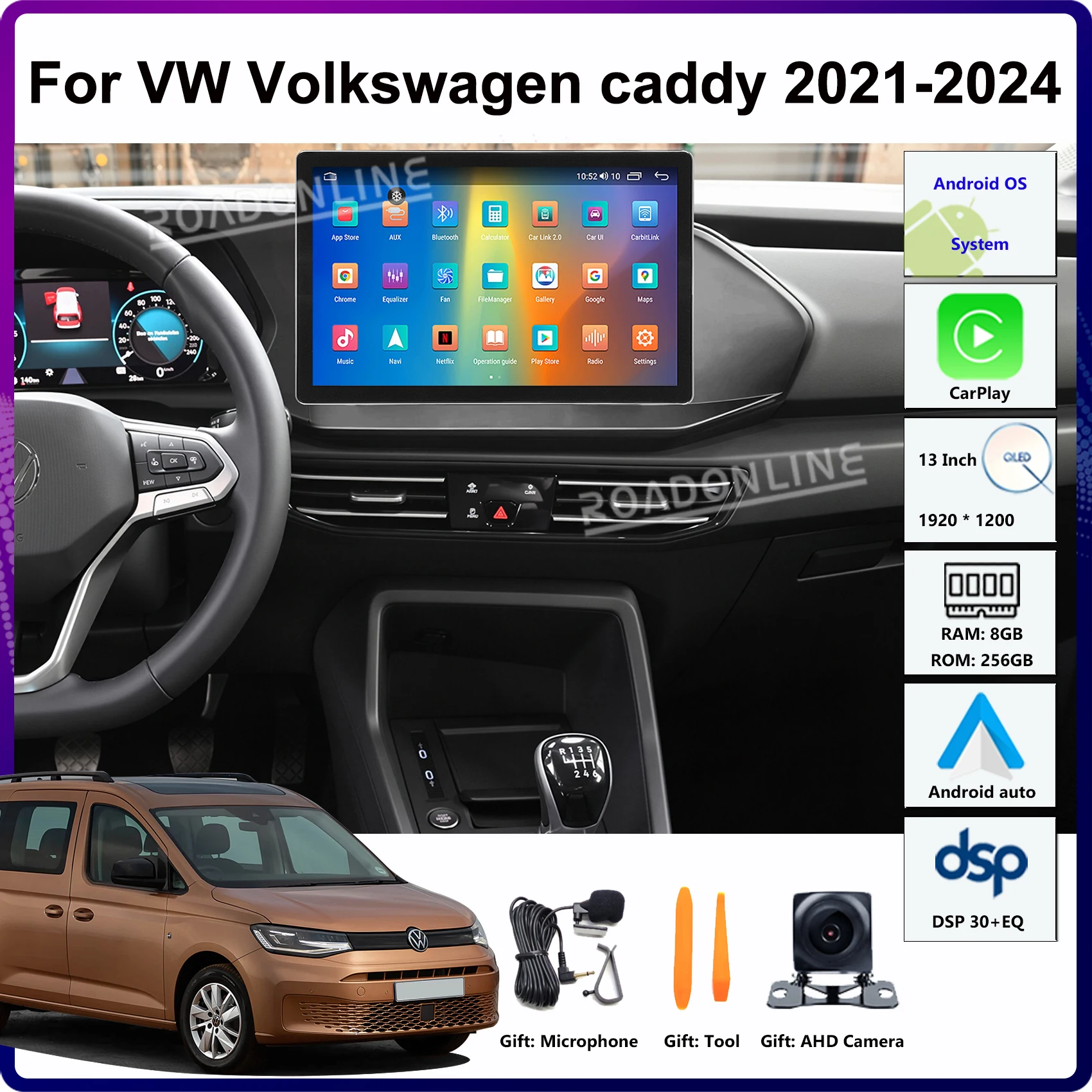 13 Inch Android 15 For VW Volkswagen Caddy 2021 2022 2023 2024 Car Multimedia Player GPS Head Unit 1920*1200 CarPlay 4G+WiFi