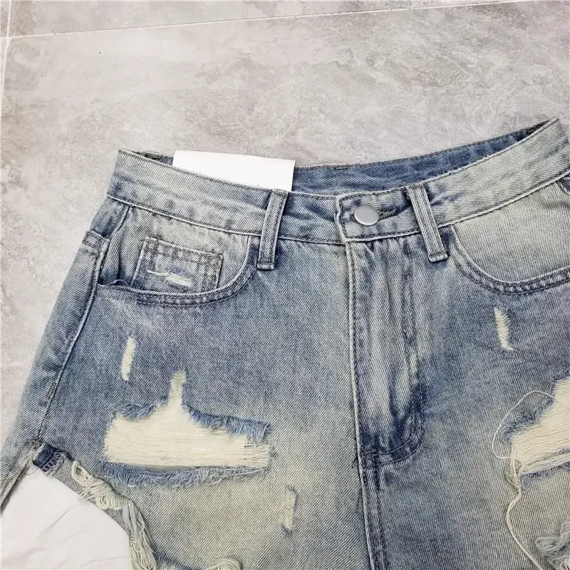2025 Summer New  Tassel Ripped Denim Shorts Women High Waist A-shaped y2k Shorts Pink Blue