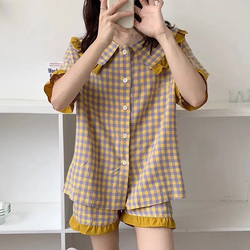 Princess Style Pajamas Homewear Set Female Cardigan Summer Short-Sleeved Shorts Students Casual Loose Cute Pajamas Homewear