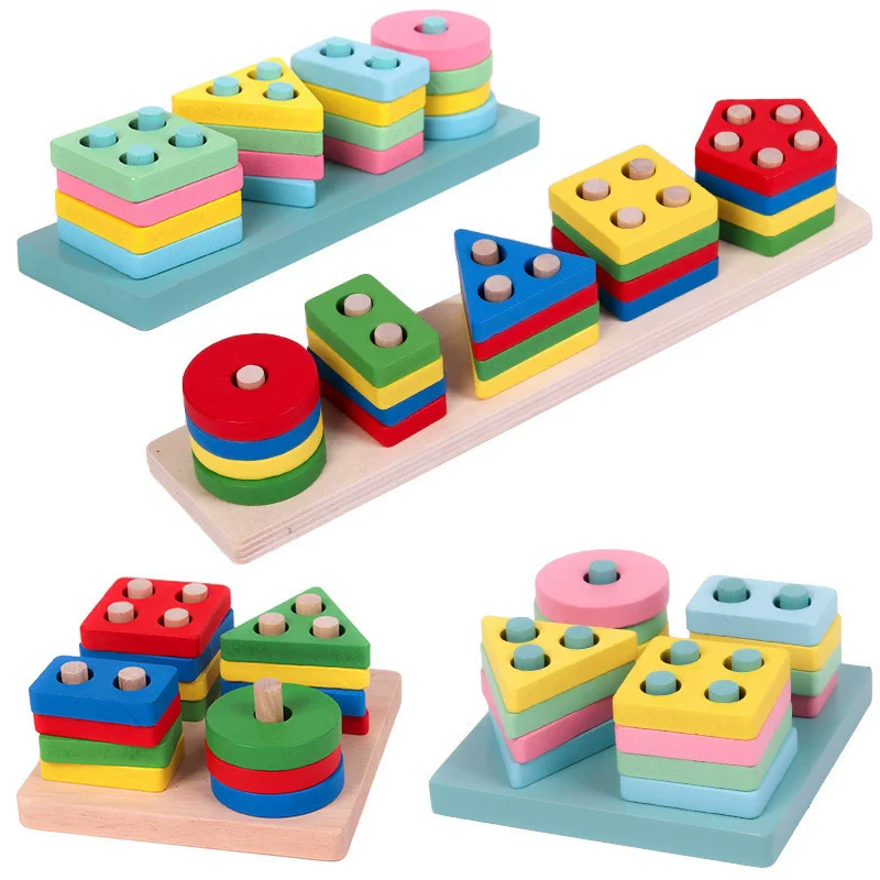 Montessori Toy Wooden Building Blocks Early Learning Educational Toys Color Shape Match Kids Puzzle Toys For Children Boys Girls