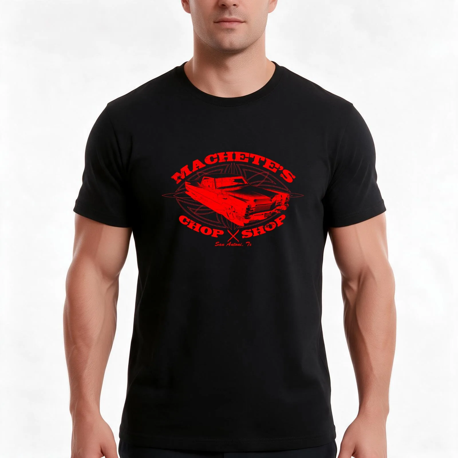 Machete Chop Shop T-Shirt, Summer Casual Cotton Tee, Oversized Streetwear Tops, Vintage Graphic Print, Loose Fit Short Sleeve