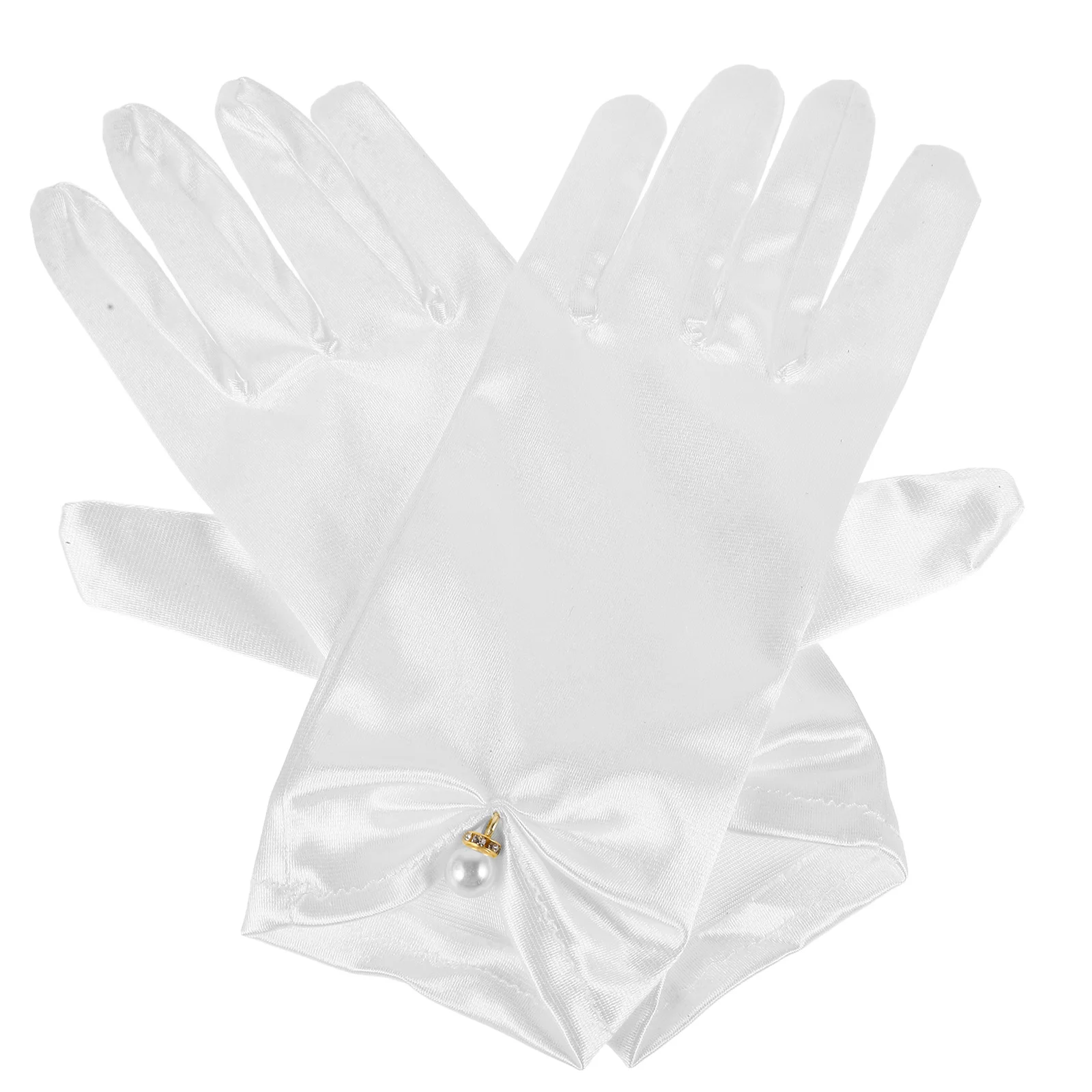 1Pair White Satin Pearl Gloves Short Lace Wrist Length Bridal Gloves Elegant Wedding Photography Prop Women Princess Dress Up