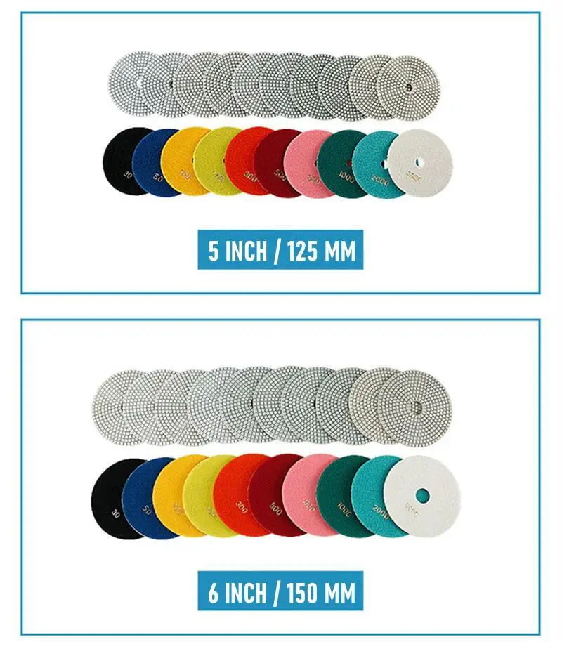10 Stück 5-Zoll-6-Zoll-Nass-Diamant-Polierpads, flexible Schleifscheiben für Granit-, Marmor-, Stein- und Betonpolitur, Körnung 30-3000 – Detail 3