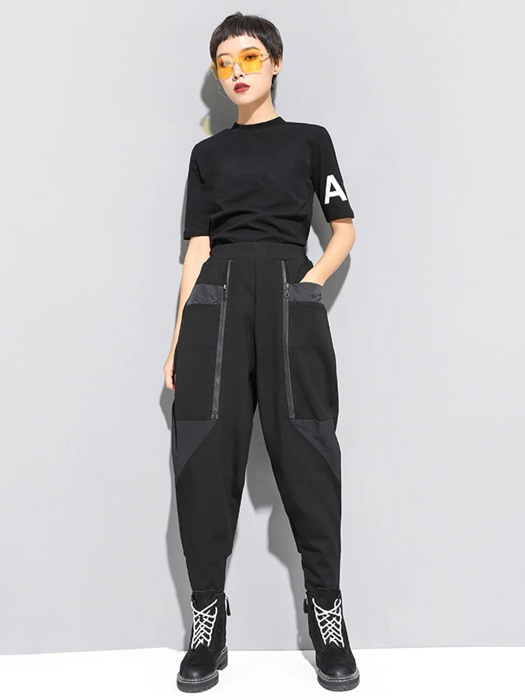 EAM High Elastic Waist Black Zipper Split Long Harem Trousers New Loose Fit Pants Women Fashion Tide Autumn 2026 1N796