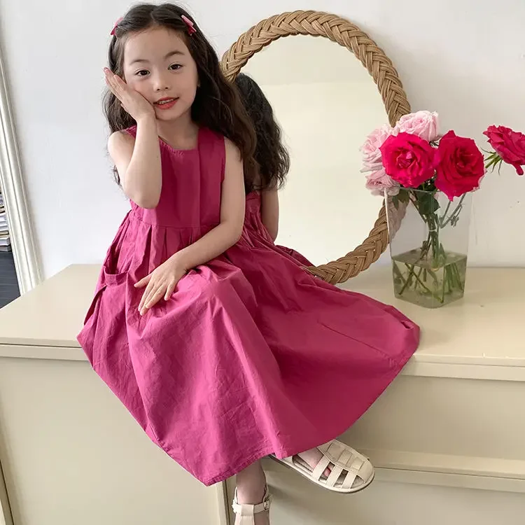 Girls Sleeveless Princess Dress Summer Solid Color Cotton Large Skirt Vest Dress for Outer Wear Casual Solid Color Simple Style