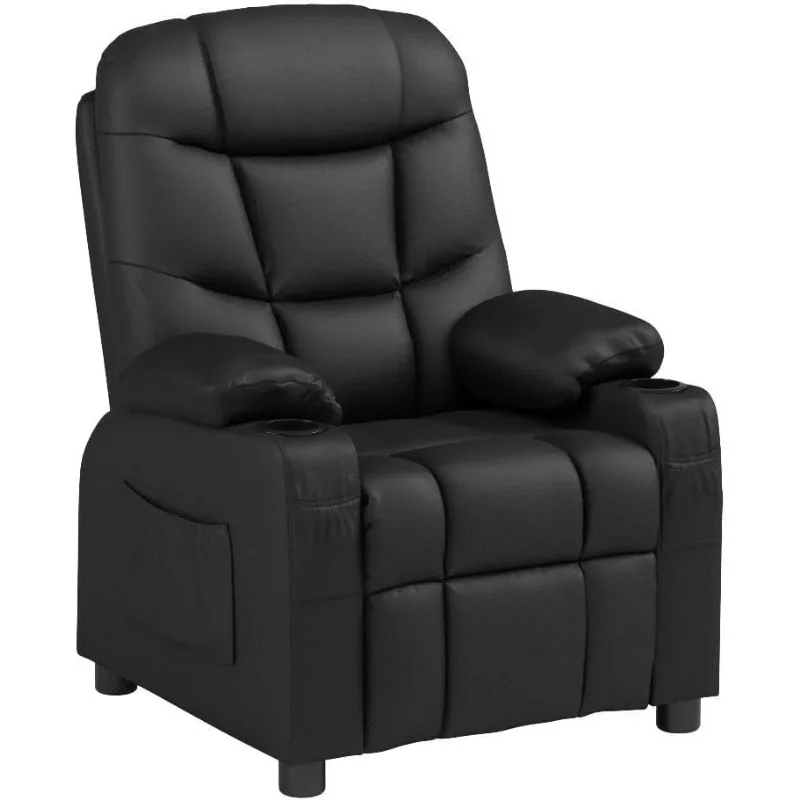 Fauteuil inclinable réglable avec porte-gobelet pour enfants, chaise longue en cuir avec repose-pieds et poches latérales pour enfants, garçons et filles