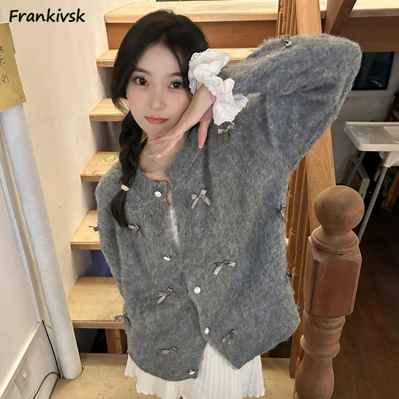 Fluffy Cardigan Women Advanced Bow Solid French Style Temperament Sweet Office Lady Autumn Winter Simple Popular Stylish Retro