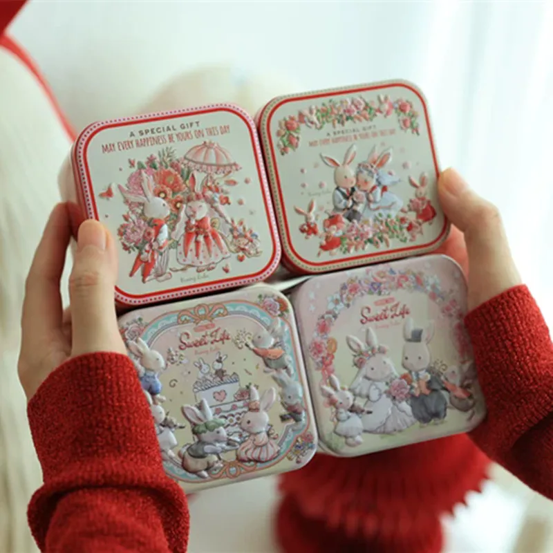1Pc Cartoon Rrbbit Tins Square Metal Box with Lid Storage Box for Sewing/Card/Ticket/Jewelry Home Organizer Case