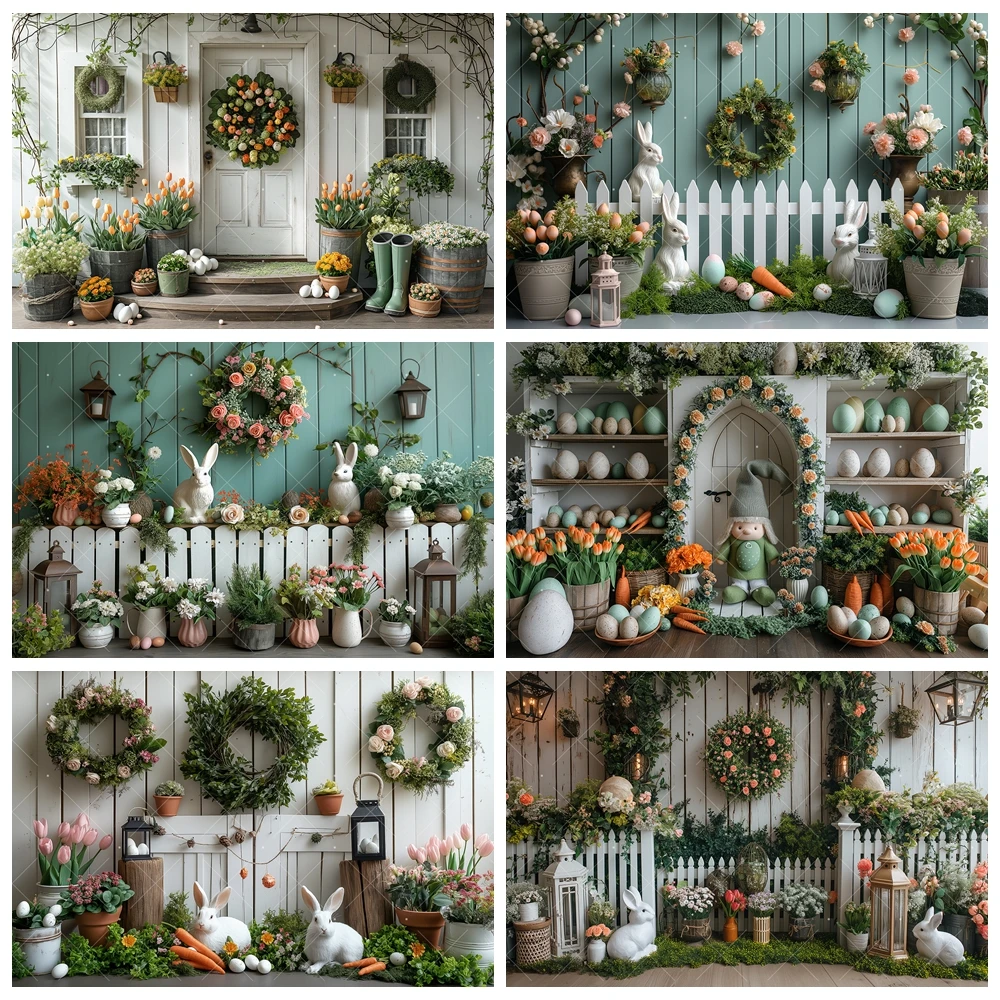 Spring Easter Backdrop Custom White Fence Wooden Door Green Wreath Rabbit Carrot Party Decor Kid Portrait Photography Background