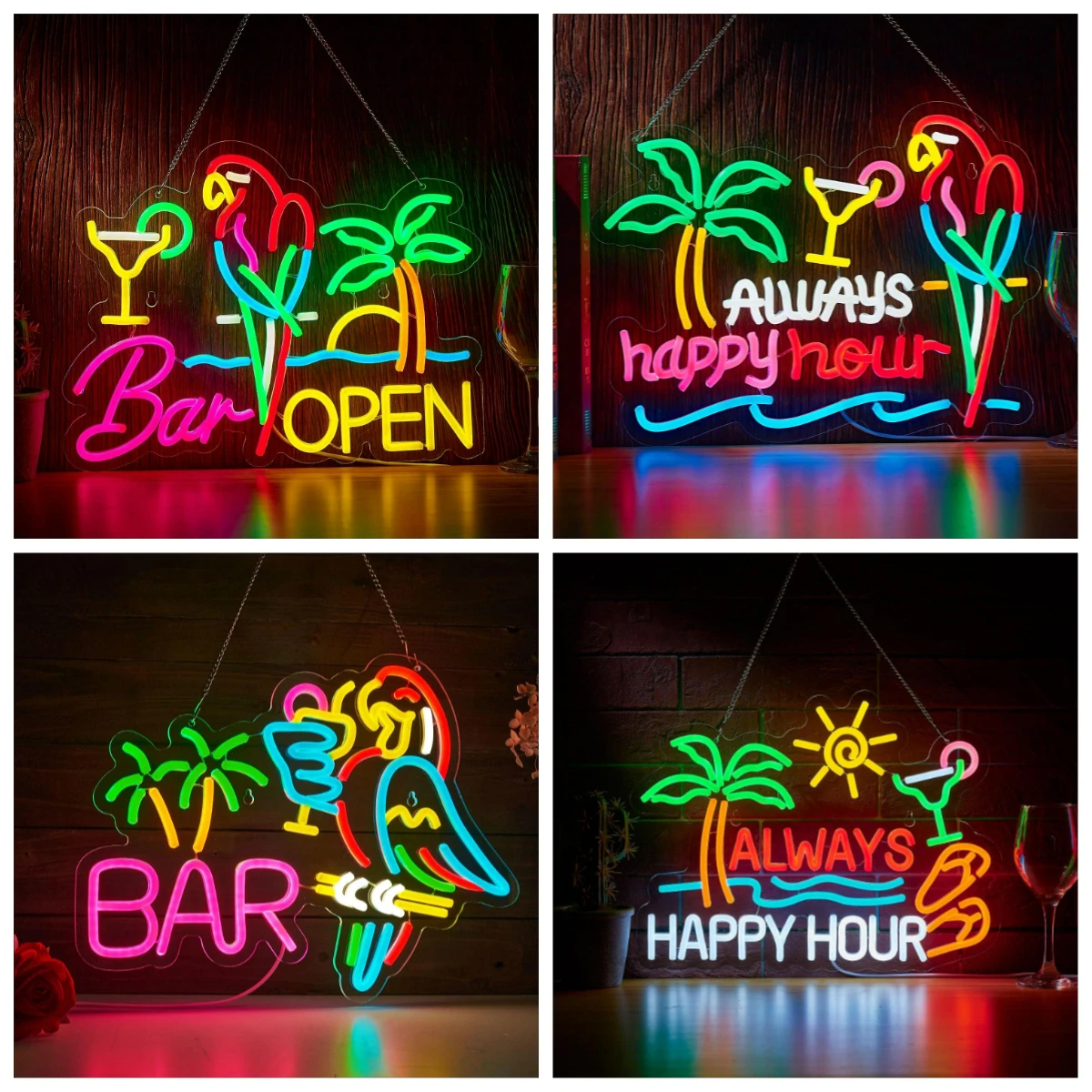 Enseigne néon LED USB à intensité variable Parrot Bar Open pour Pub, Restaurant, Man Cave, Fête, Entreprise, Maison, Décoration murale, Panneau lumineux