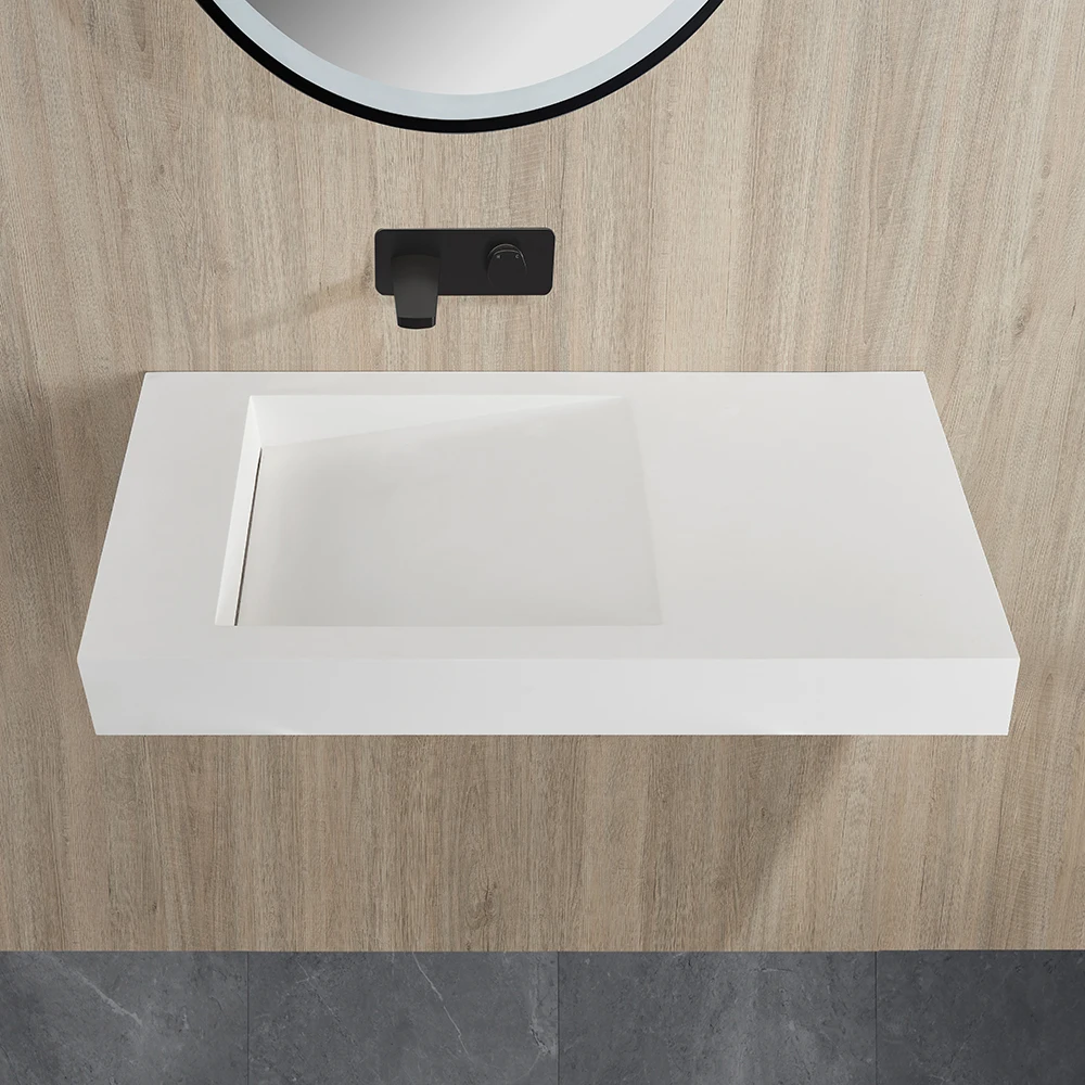 

Custom Solid Surface Vanity For Hotel Bathrooms Modern High-End Rectangular Stone Wash Basin Wall-Hung Flexible Size Hand Wash