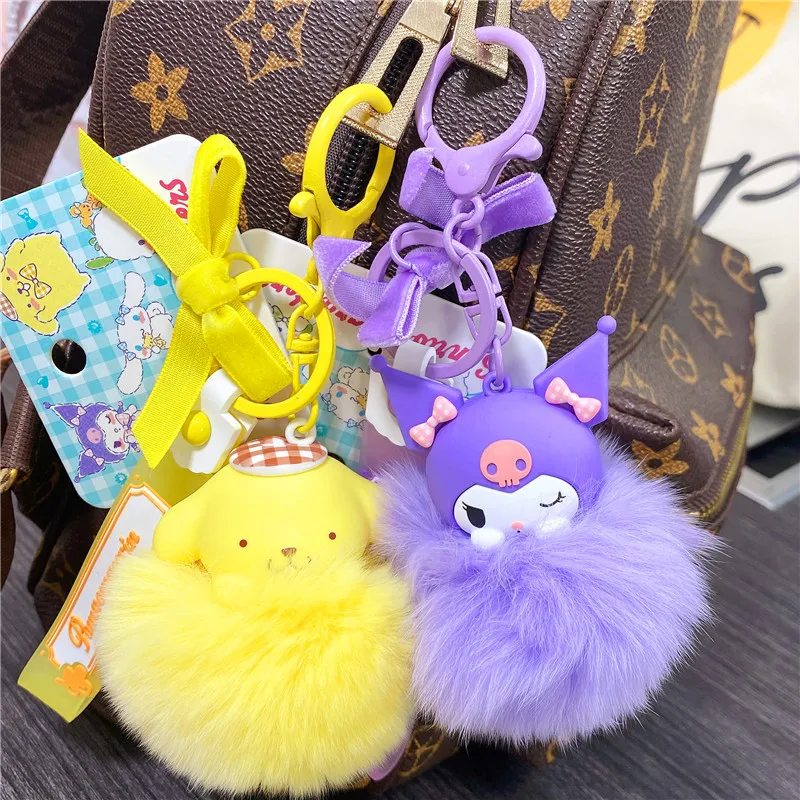 Sanrio Cartoon Kawaii Keychain Plush Charm Kuromi Hellokitty Fluffy Ball with Skull Bow Metal Ring for Keys Purse Anime Gifts