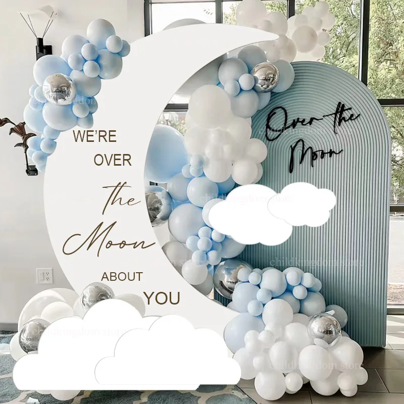 White Moon Cloud Cutouts KT Board WE‘RE OVER The Moon About You Baby Shower Boys Girls 1st Birthday Party Backdrops Background