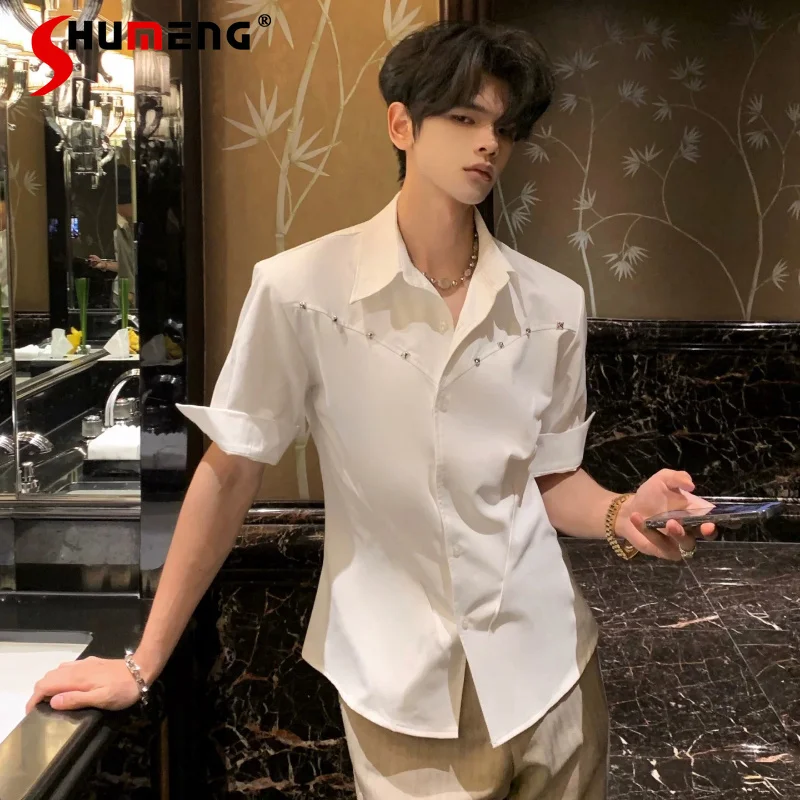 

2026 Men's Summer New Fashion Simple Bead Short Sleeve Shirts Men's Waist-tight Solid Color Shirts Male Comfort Chic Lapel Tops
