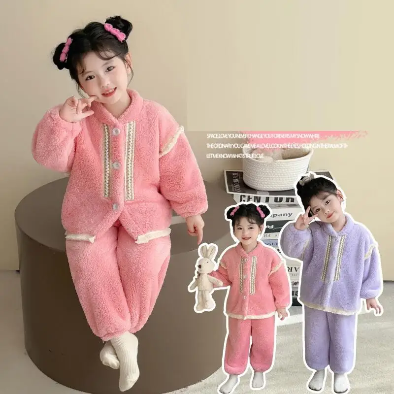 حار الطفل الفانيلا قطعتين مجموعة منامة فتاة الخريف الشتاء رشاقته الدفء القمم السراويل الطفل Kawaii موضة جديدة ملابس منزلية غير رسمية