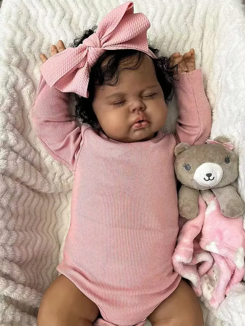 NPK 19 Inch Sleeping Baby Doll Dark Skin Lifelike Reborn Toddler with Hand-Rooted Hair And Soft Cloth Body Baby Girl Collectible