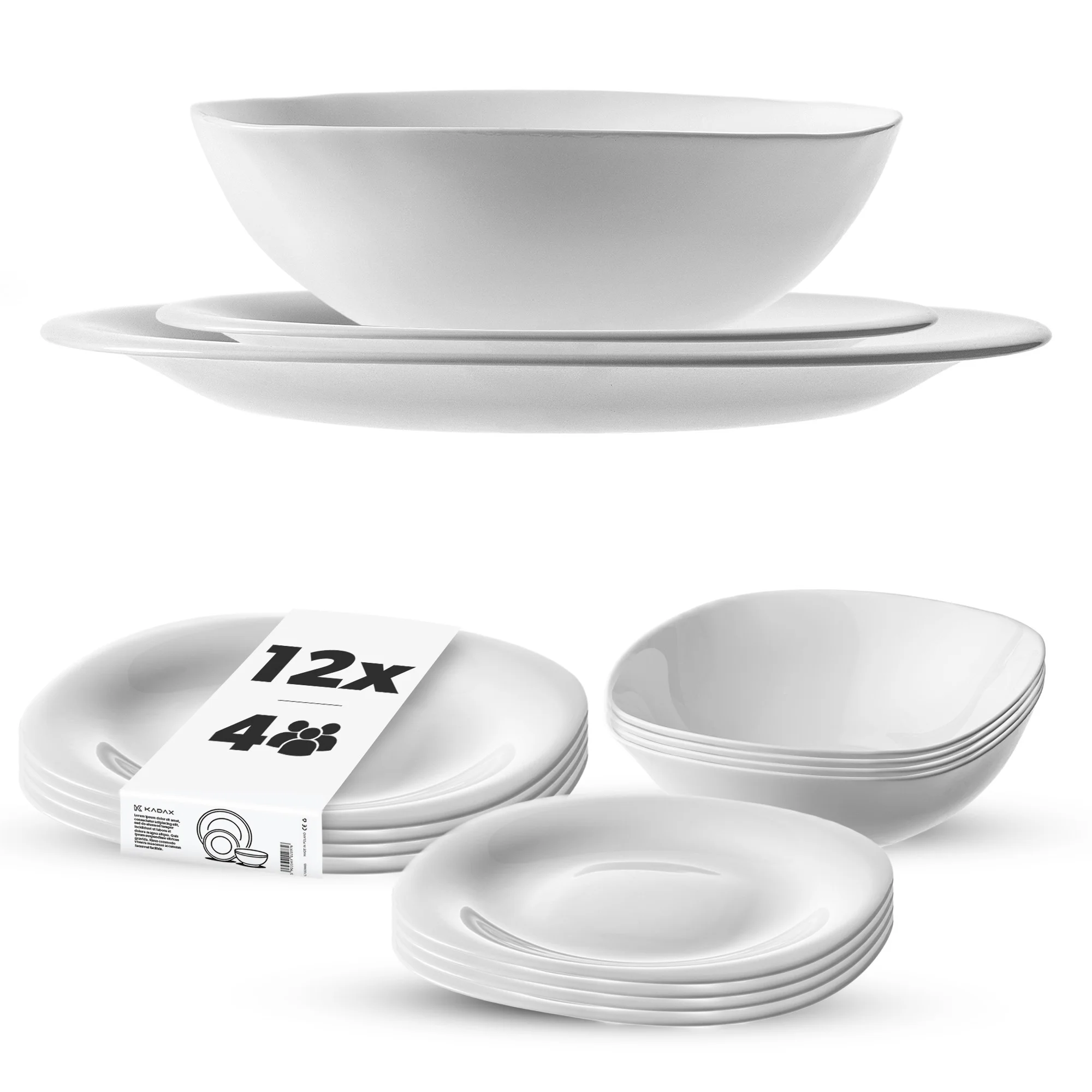 KADAX serviesgoed: glazen borden, saladeschalen, modern wit vierkant servies van resistent glas, set voor dessertgerechten 12 El. 4 sets