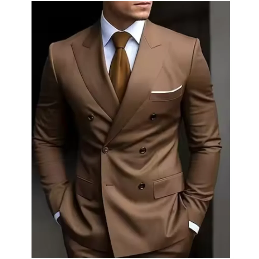 

Brown Men Suits 2Pcs Double Breasted Peaked Lapel Jacket Pants Outfit Custom Blazer Trousers For Wedding Wear Groom Prom Tuxedo