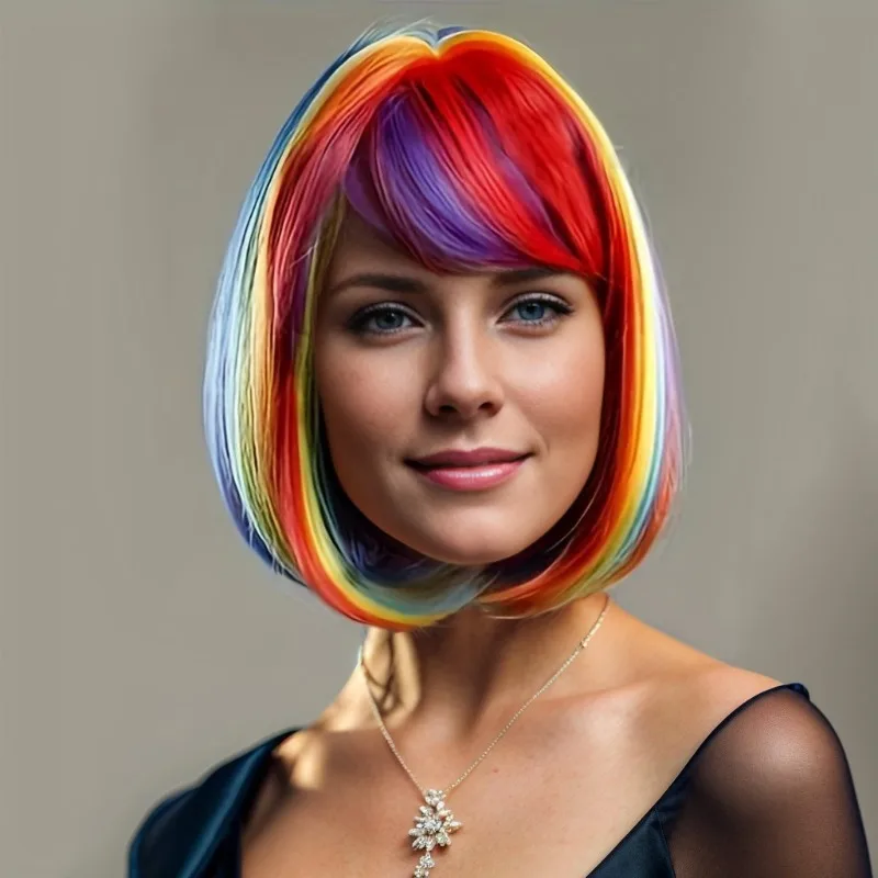 

Женщина семь цветов BOB вечерние костюмы для косплея головные уборы воздушная челка короткие прямые волосы Хэллоуин платье для студенческой головы парик чехол