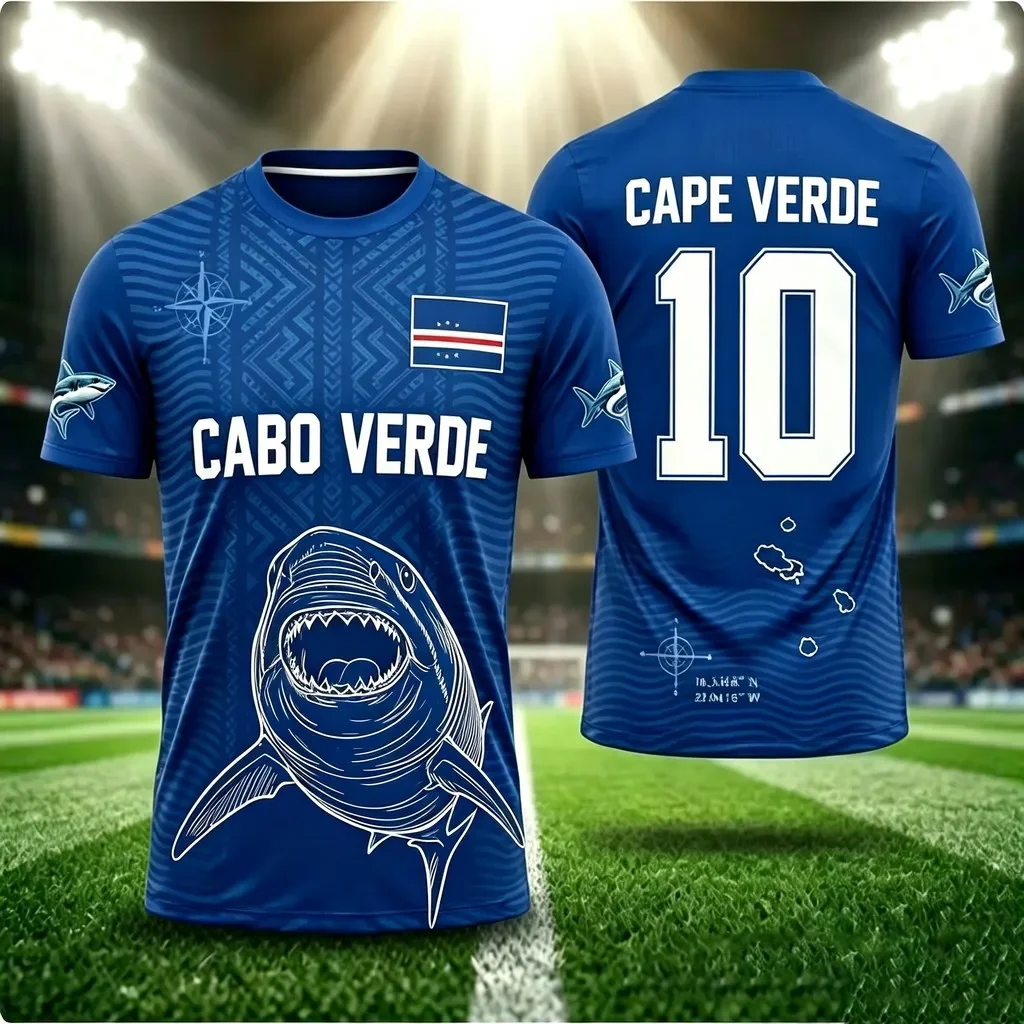 Cabo Verde 10 Football Shirt Shark Print Soccer Tee Unisex Short Sleeve Sports Top for Men Women Kids