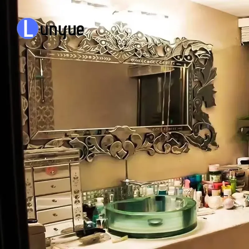 Modern Framed Glass Wall Mirror Complex Pattern Decor for Bathroom Living Room Hotel Home Arrival