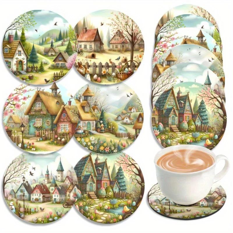 2D Warmth Fairy Tale Town Theme Wooden Coaster Lightweight Non-Slip Tabletop Protection for Restaurants Bars Coffee Shops Decor