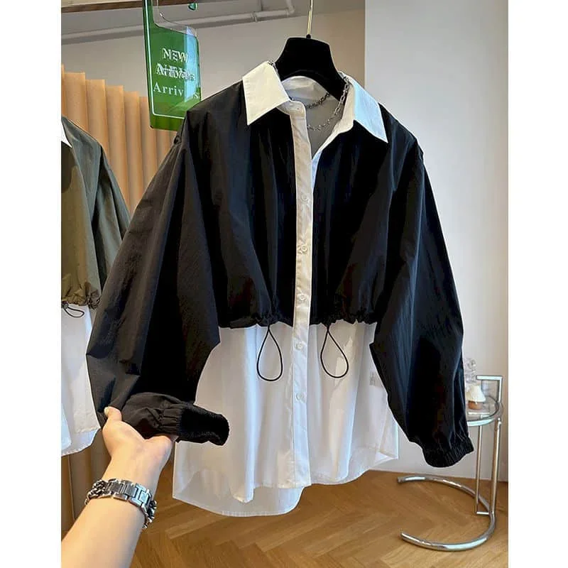 Shirts Women Polo-neck Korean Style Oversized Blouse Large Size Patchwork Fake Two Pieces Long Sleeve Casual Loose Women Tops