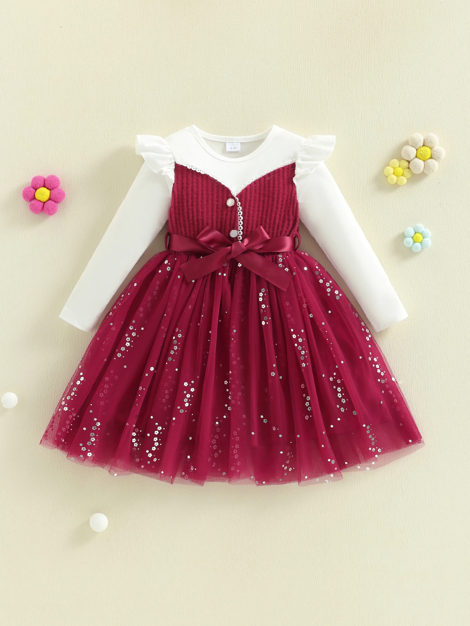 فستان الأميرة للفتيات بأكمام طويلة من الدانتيل المزين بالزهور ورقبة دائرية على شكل حرف A فستان كاجوال للخريف مع تفاصيل ترتر ولهجة فيونكة #4