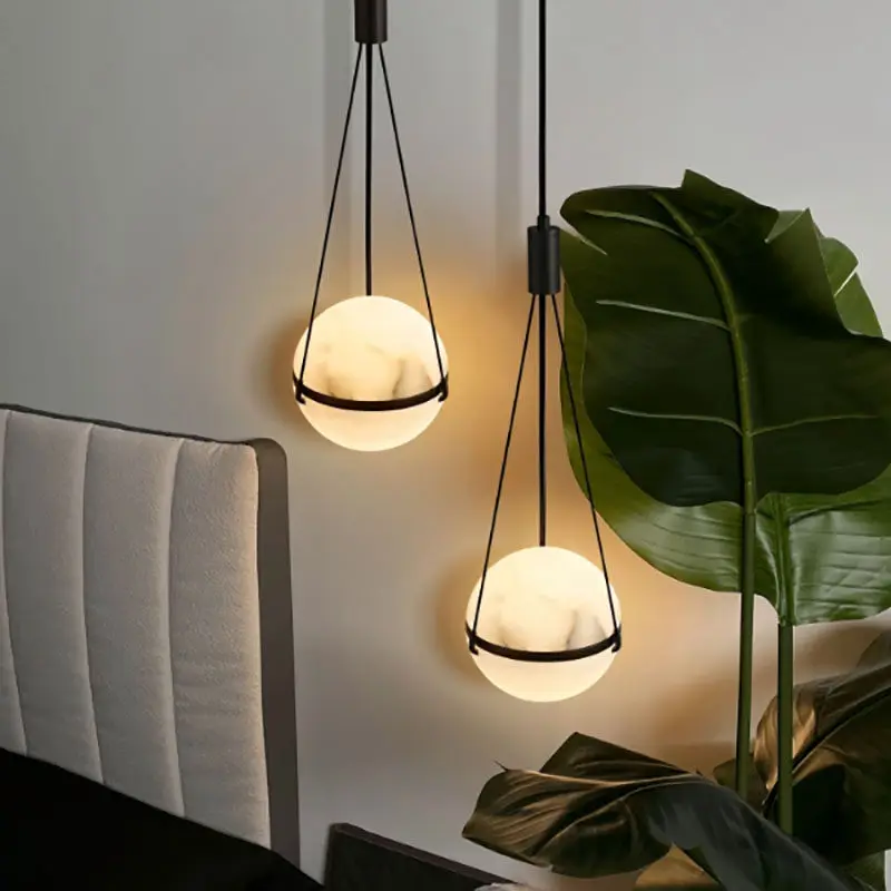 Modern LED Spherical Natural Marble Pendant Light, Home Decor Dining Table Kitchen Island Alabaster Hanging Lamp Black Stone