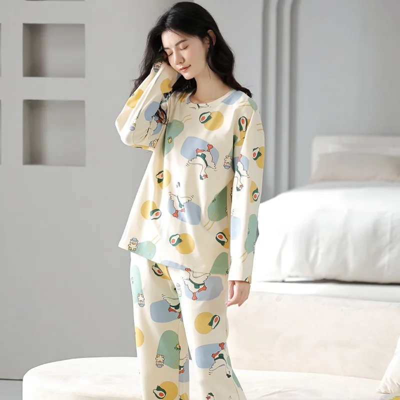 Women\'s Nightwear Plus Size Cartoon Bear Student Pajamas Homewear Ladies Long Sleeves Plaid Long Trousers Sleepwear Loungewear