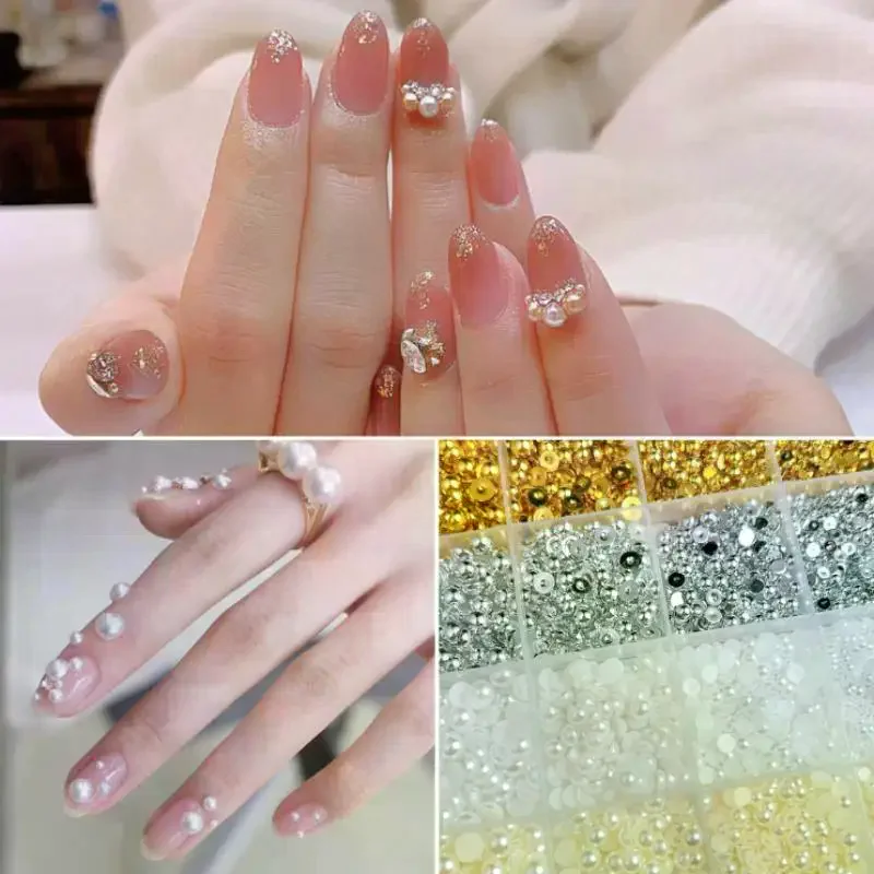 12grids Nail Fashion High Quality Manicure Semi-circular Pearl And Charms Decor Salon Accessories Mixed Gold Silver High