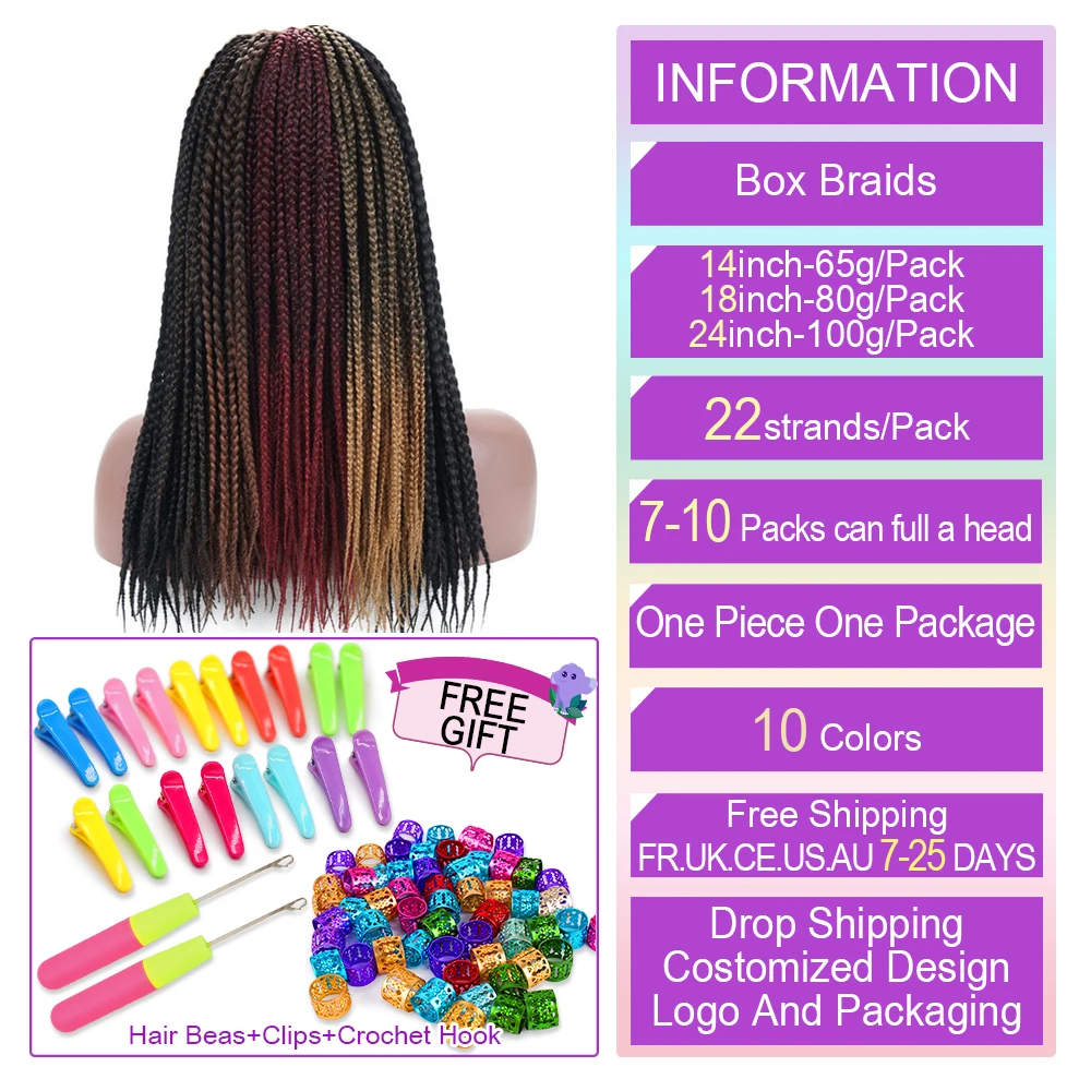 Afro Micro Box Braids Synthetic Crochet Hair Extensions Beyond Ombre High Temperature Fiber Braiding Hair Bulk 22 Strands