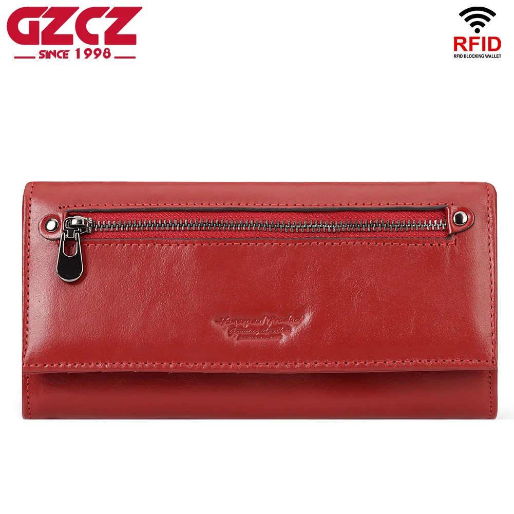GZCZ Genuine Leather File Master Womens RFID Blocking Wallet Clutch Organizer With Change Pocket Coin Purse  Money Bag Card