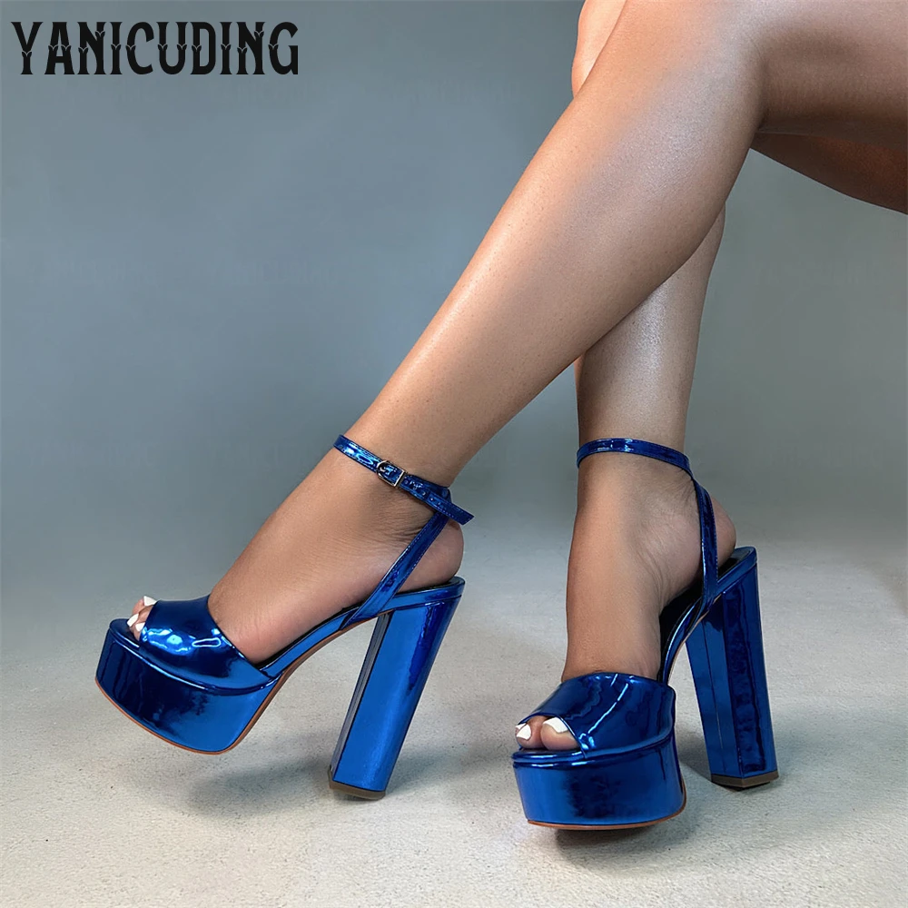 

Metallic Silver Peep Toe Sandals Platform Chunky Heel Summer Shoes Custom Color Sandals New Arrival Solid Color Leather Sandals