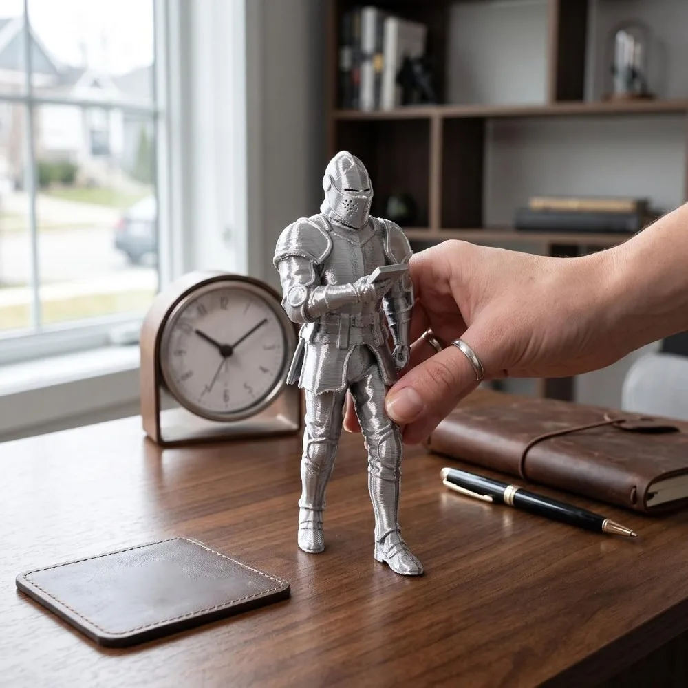 3D Printing Medieval Knight Statue 5.91in Silver Armored Knight Figurine Armored Design Fantasy Desktop Ornament For Book Lovers