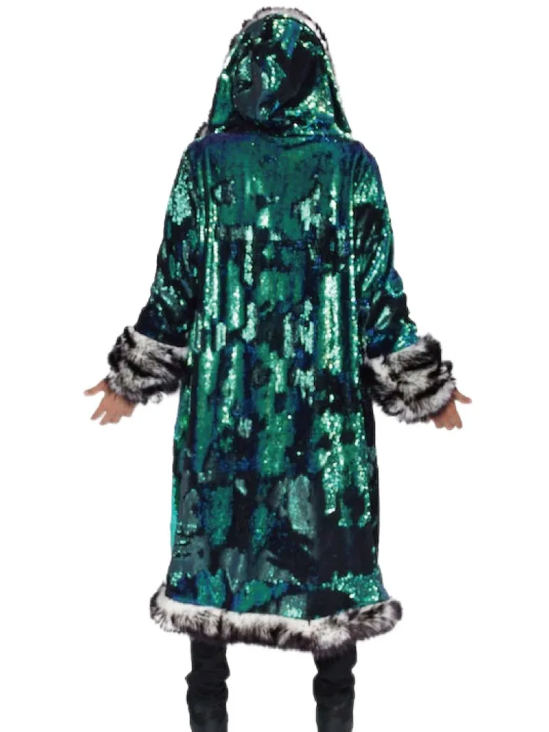 Men\'s Sequin Faux Fur Long Coat Hooded Luxury Party Nightclub Stage Outwear Green Shiny Maxi Fashion Warm Coat