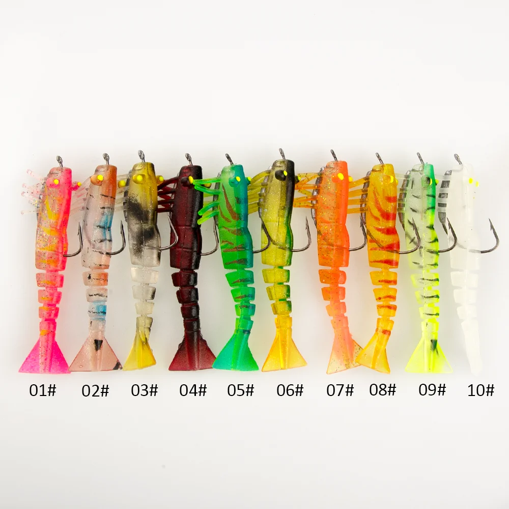 T 10pcs Soft Shrimp Bait 85mm Segmented Fishing Lure With Jig Head Jointed Fishing Lure