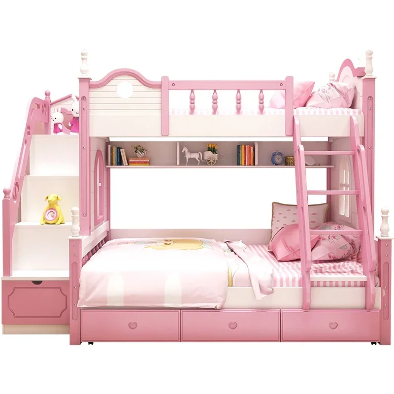 

Children's bed in and out of girl bunk princess pink bunk bed, solid wood mother and son multi-purpose combi