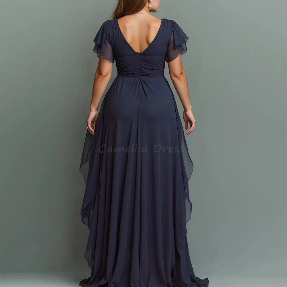 Mother of the Wedding Dress V Neck Customized A Line Chiffon Formal Gown Short Sleeve Evening Robe Invitée Mariage