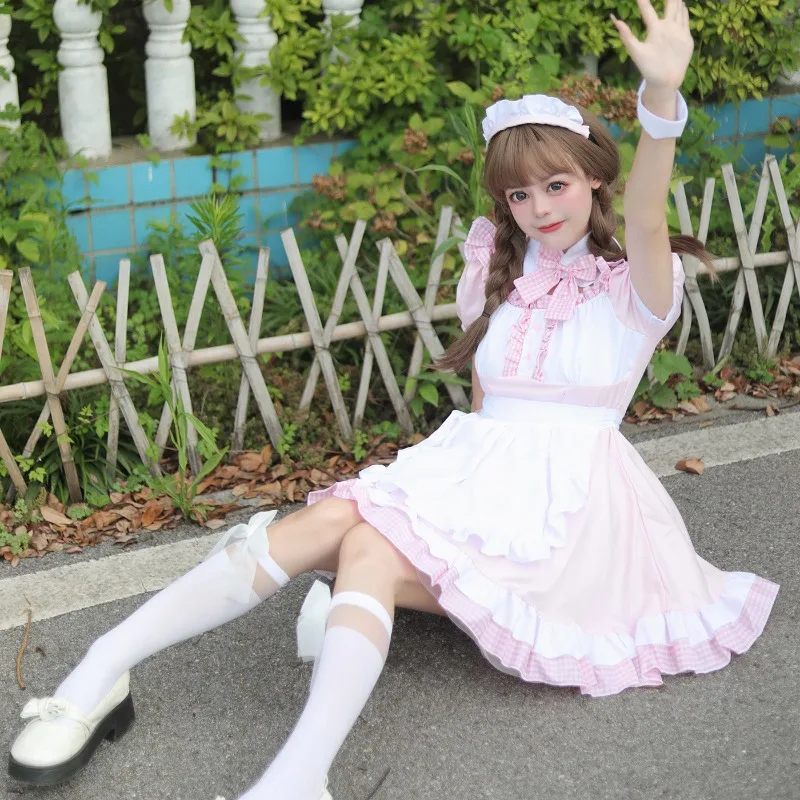 

Pink Maid Dress for Women Lolita Cafe Servant Cosplay Costume Anime Cos Dress Up Adult Halloween Clothing