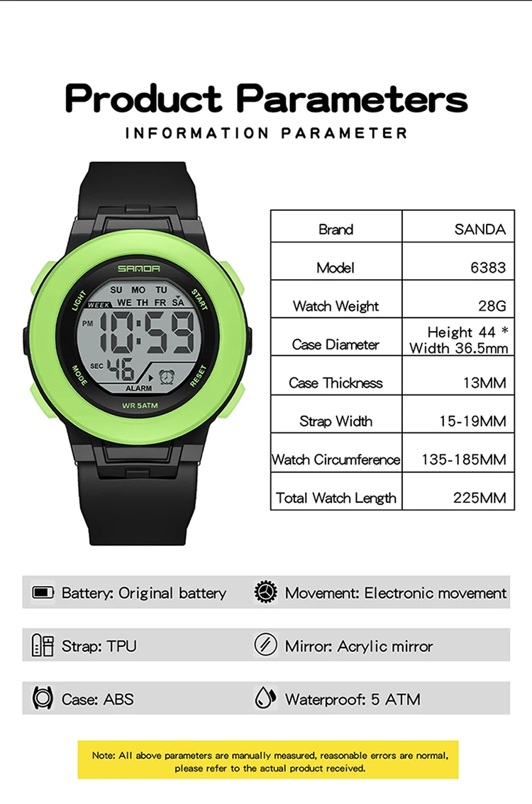 SANDA SD6383 Digital Watch Multifunction Sport Calendar Clock 7-Color Backlight Children Electronic Watch