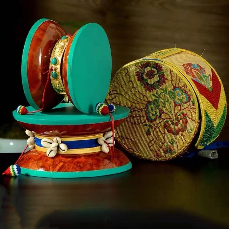 Handcrafted Nepalese Hand Drum Wooden  with Sheepskin Tibetan-Style Square Drum and Round Drum Desktop Decorative Pieces